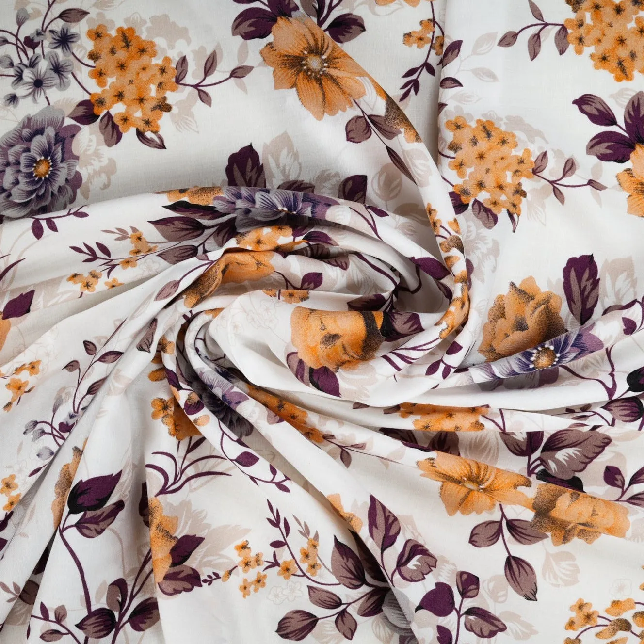 White & Orange Ditsy Floral Print Rayon Fabric , Plain Weave