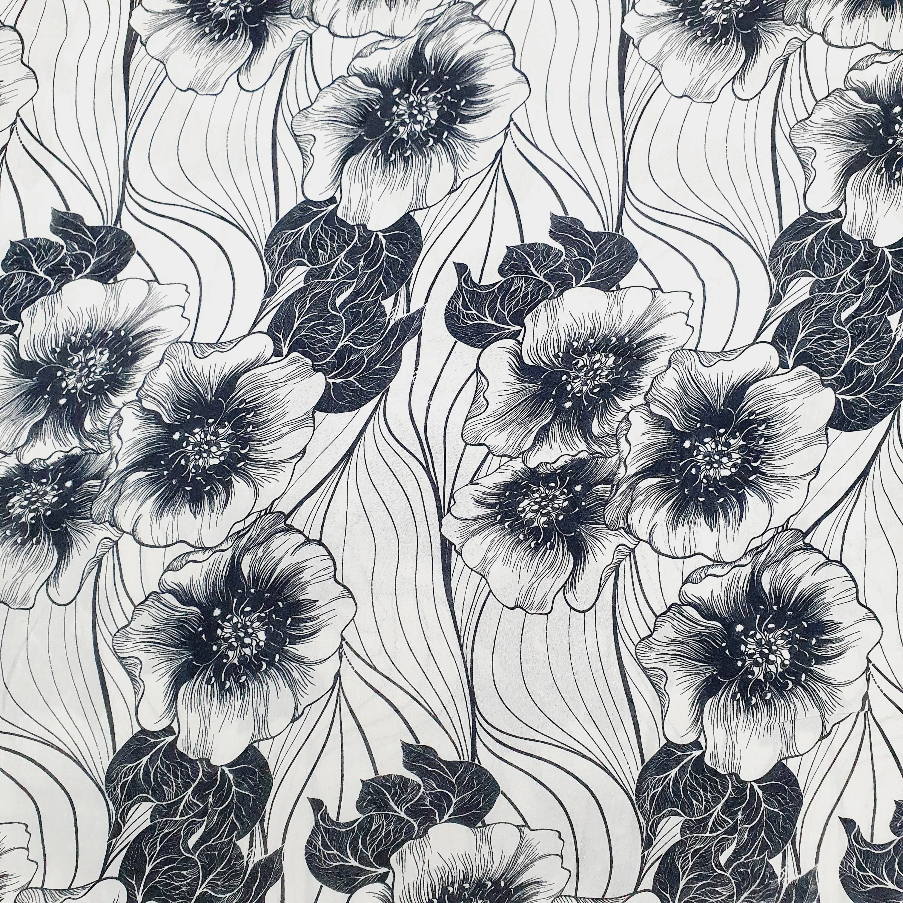 White Black Floral Print Semi Viscose Fabric