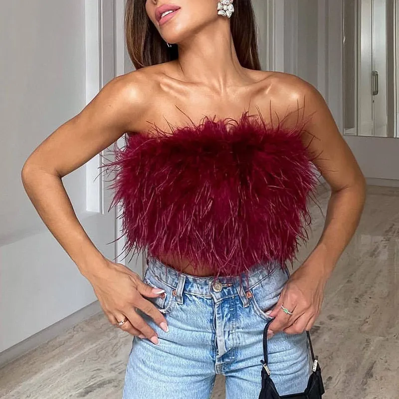 Wjczt 2022 New Fashion Women Sexy Furry Tops Camis Women Casual Tank Tops Female Chic Sleeveless With Real Ostrich Feather Tunic Vest