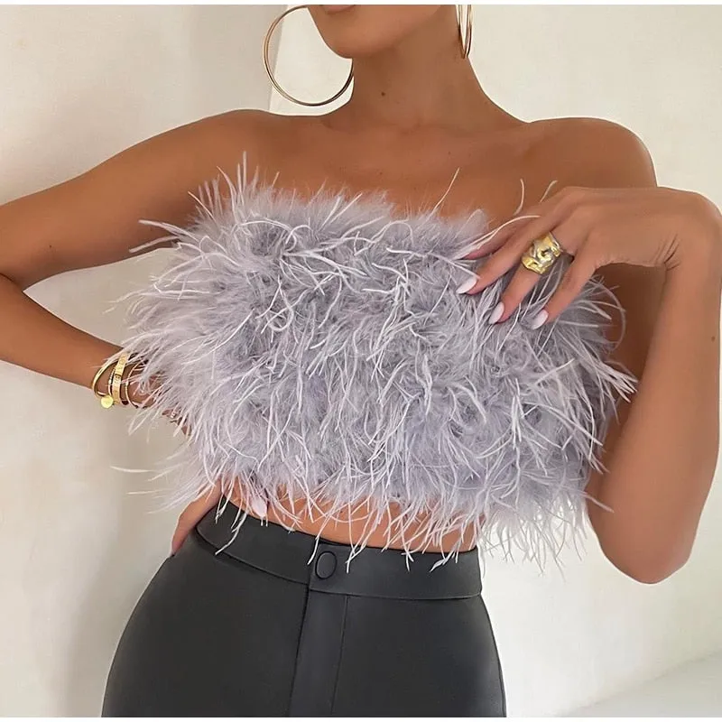 Wjczt 2022 New Fashion Women Sexy Furry Tops Camis Women Casual Tank Tops Female Chic Sleeveless With Real Ostrich Feather Tunic Vest