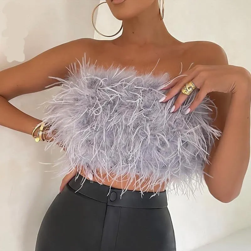 Wjczt 2022 New Fashion Women Sexy Furry Tops Camis Women Casual Tank Tops Female Chic Sleeveless With Real Ostrich Feather Tunic Vest