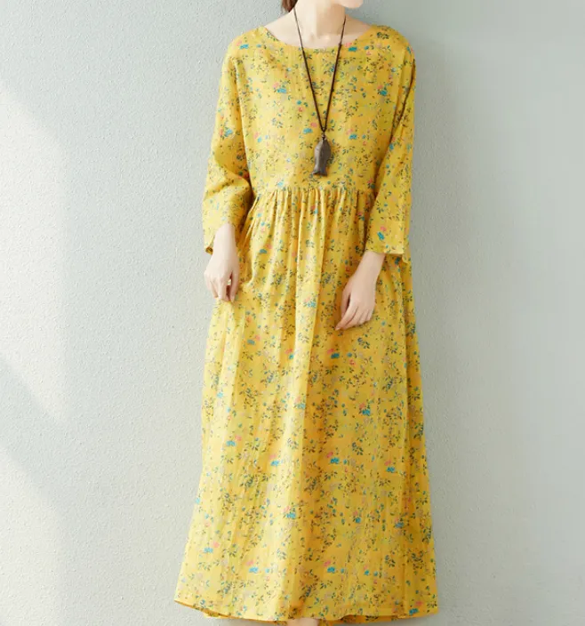 Yellow Floral  Linen loose Summer Women Dress SJ9201229